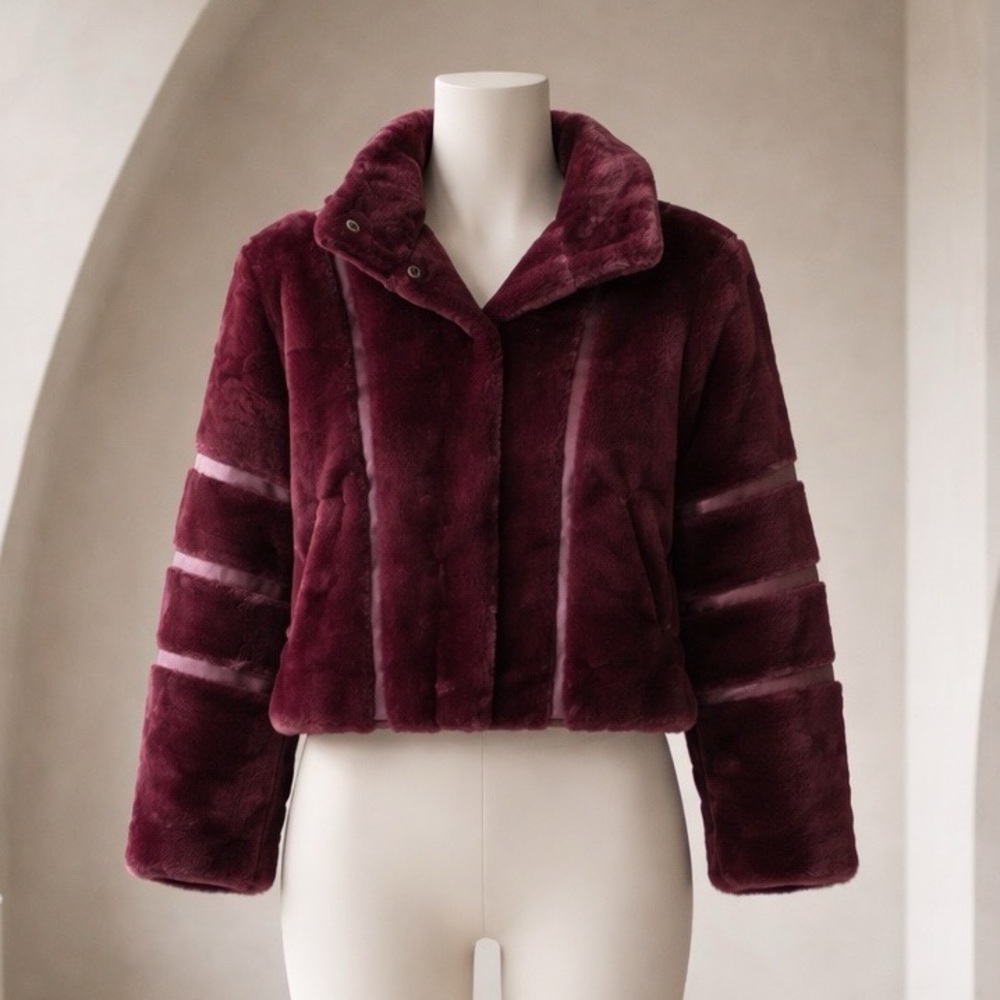 Colleen Lopez Faux Fur Cropped Jacket Burgundy Wine XS NWT HSN